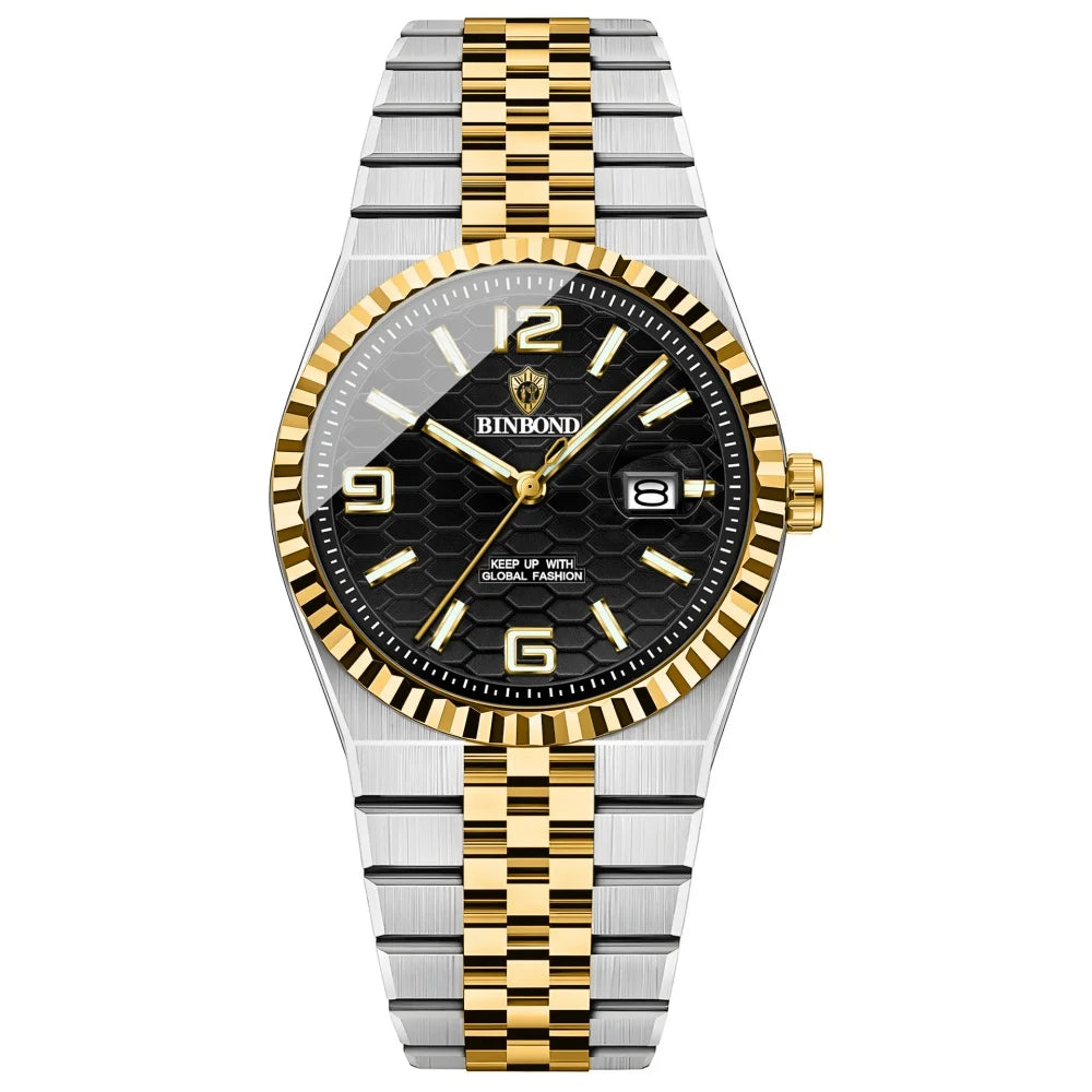 BINBOND Men's Quartz Watch Classic Style Waterproof Luminous Date Display Stainless Steel Wristwatch For Male