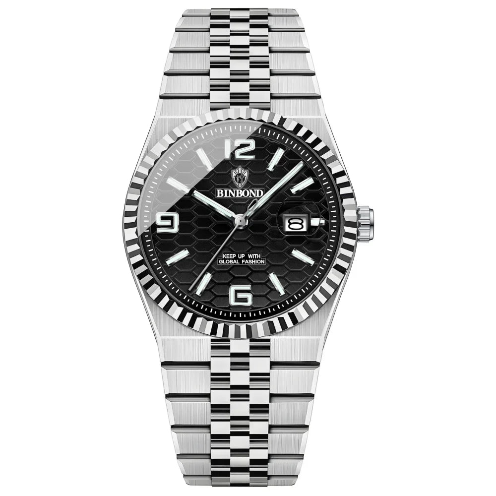 BINBOND Men's Quartz Watch Classic Style Waterproof Luminous Date Display Stainless Steel Wristwatch For Male