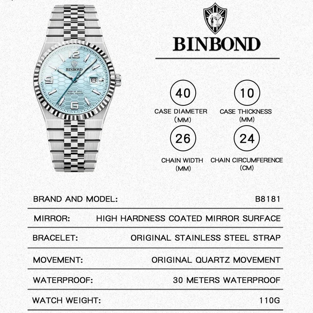 BINBOND Men's Quartz Watch Classic Style Waterproof Luminous Date Display Stainless Steel Wristwatch For Male