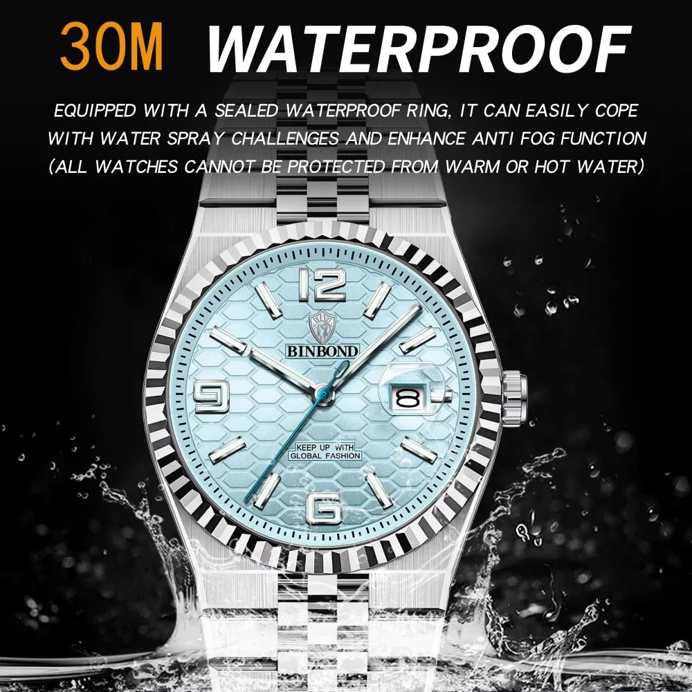 BINBOND Men's Quartz Watch Classic Style Waterproof Luminous Date Display Stainless Steel Wristwatch For Male