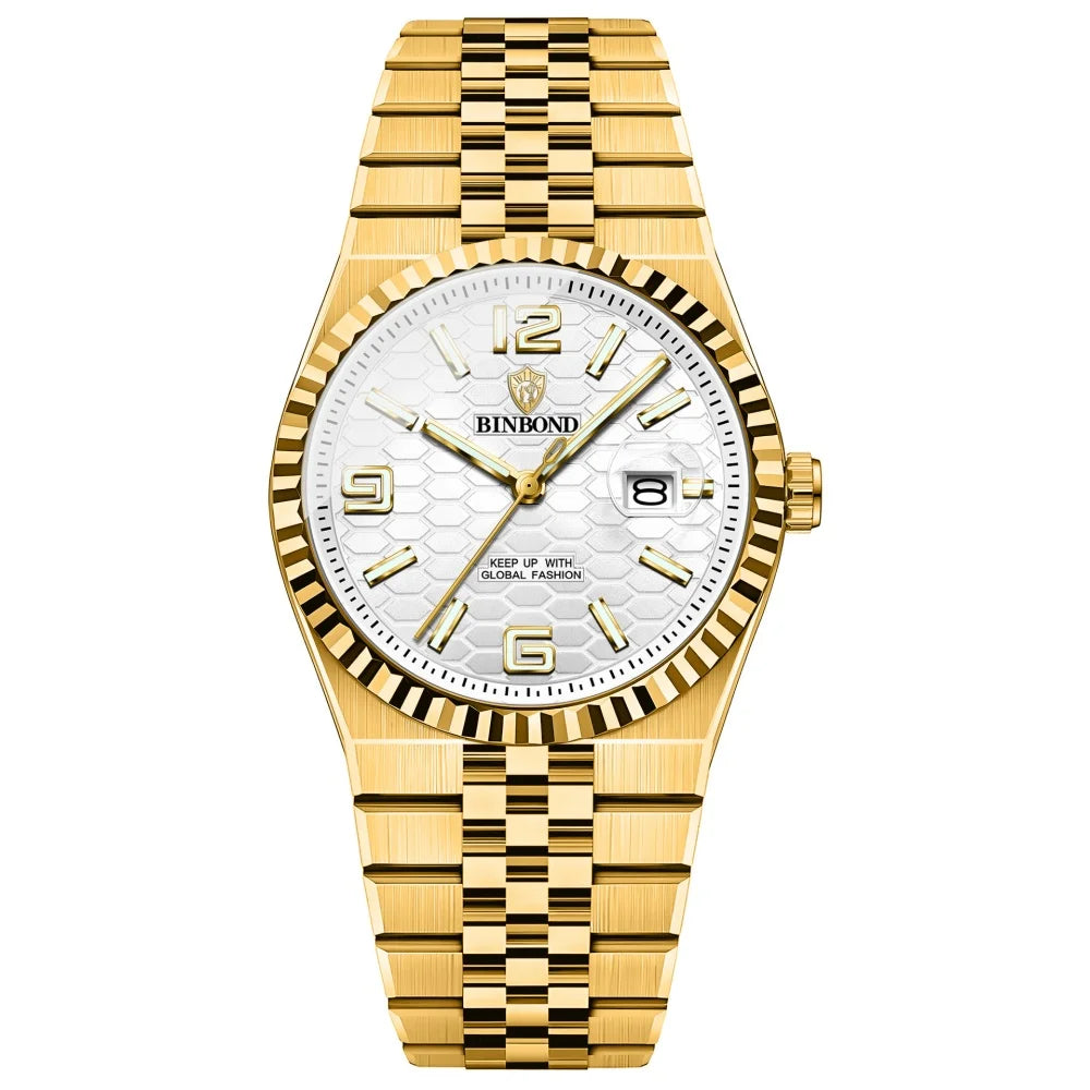 BINBOND Men's Quartz Watch Classic Style Waterproof Luminous Date Display Stainless Steel Wristwatch For Male