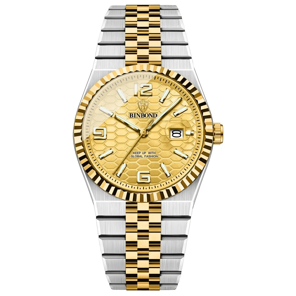 BINBOND Men's Quartz Watch Classic Style Waterproof Luminous Date Display Stainless Steel Wristwatch For Male