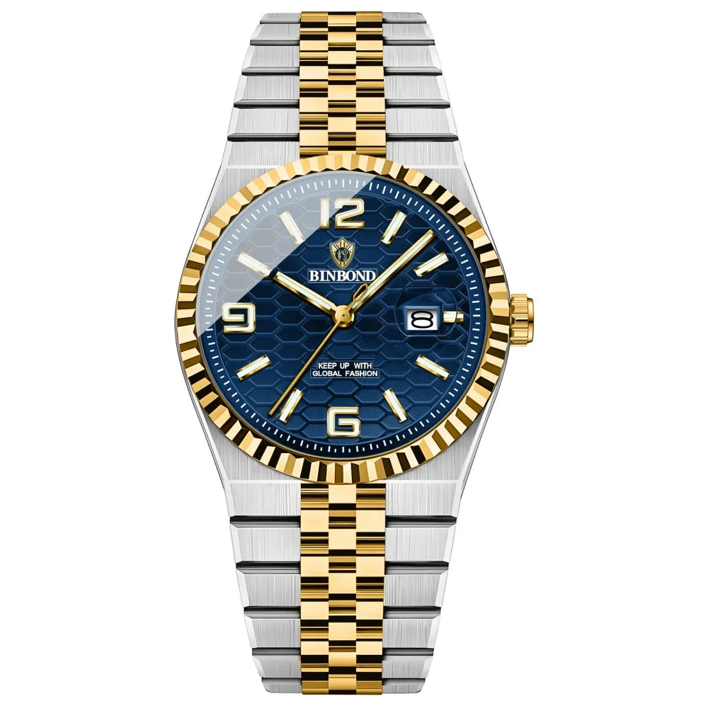 BINBOND Men's Quartz Watch Classic Style Waterproof Luminous Date Display Stainless Steel Wristwatch For Male