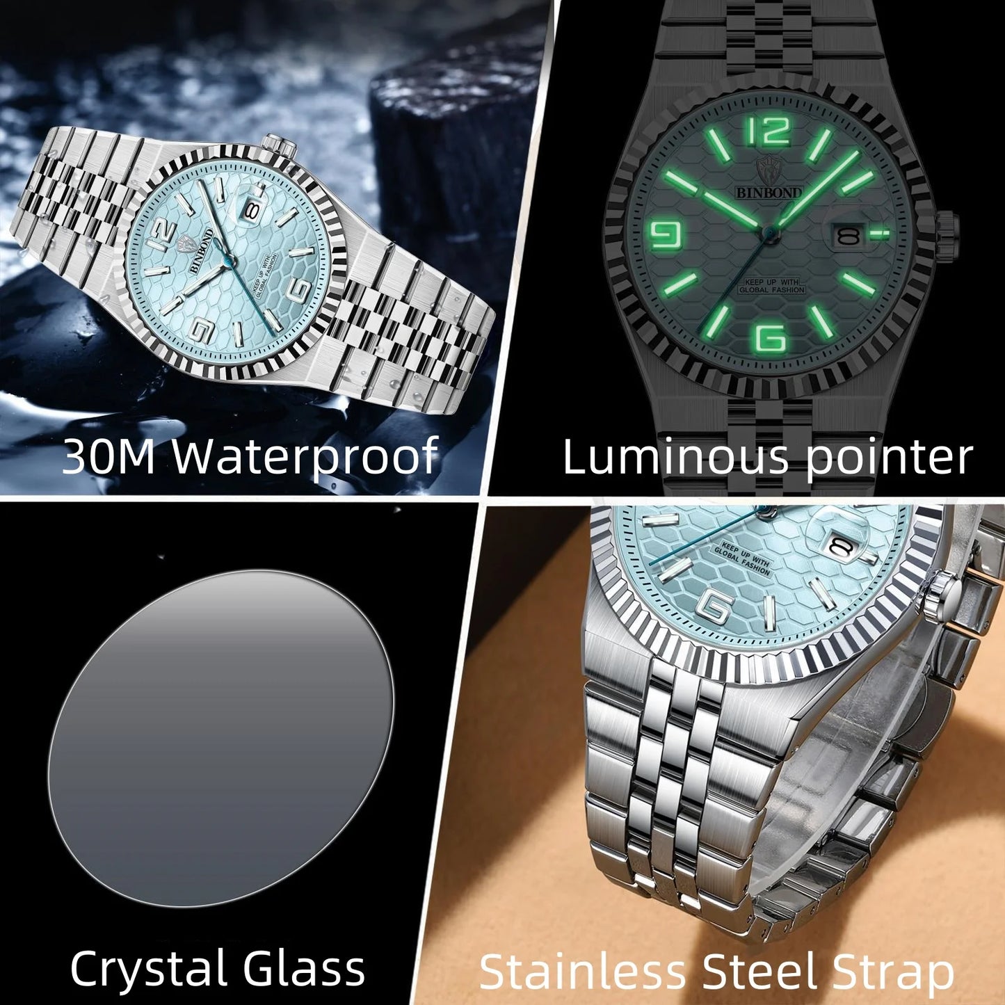 BINBOND Men's Quartz Watch Classic Style Waterproof Luminous Date Display Stainless Steel Wristwatch For Male