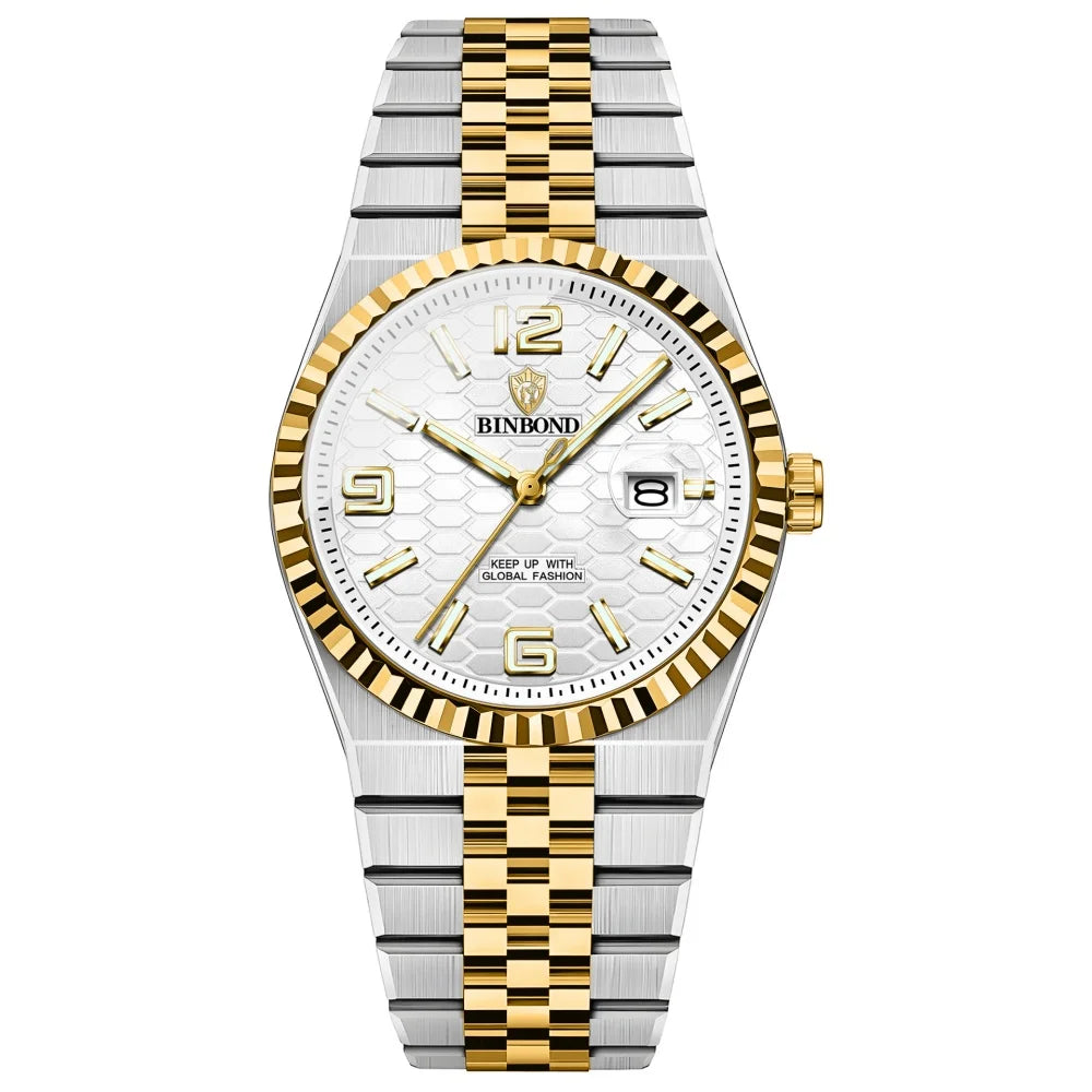 BINBOND Men's Quartz Watch Classic Style Waterproof Luminous Date Display Stainless Steel Wristwatch For Male