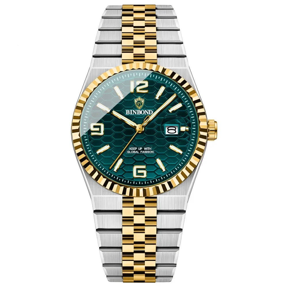 BINBOND Men's Quartz Watch Classic Style Waterproof Luminous Date Display Stainless Steel Wristwatch For Male