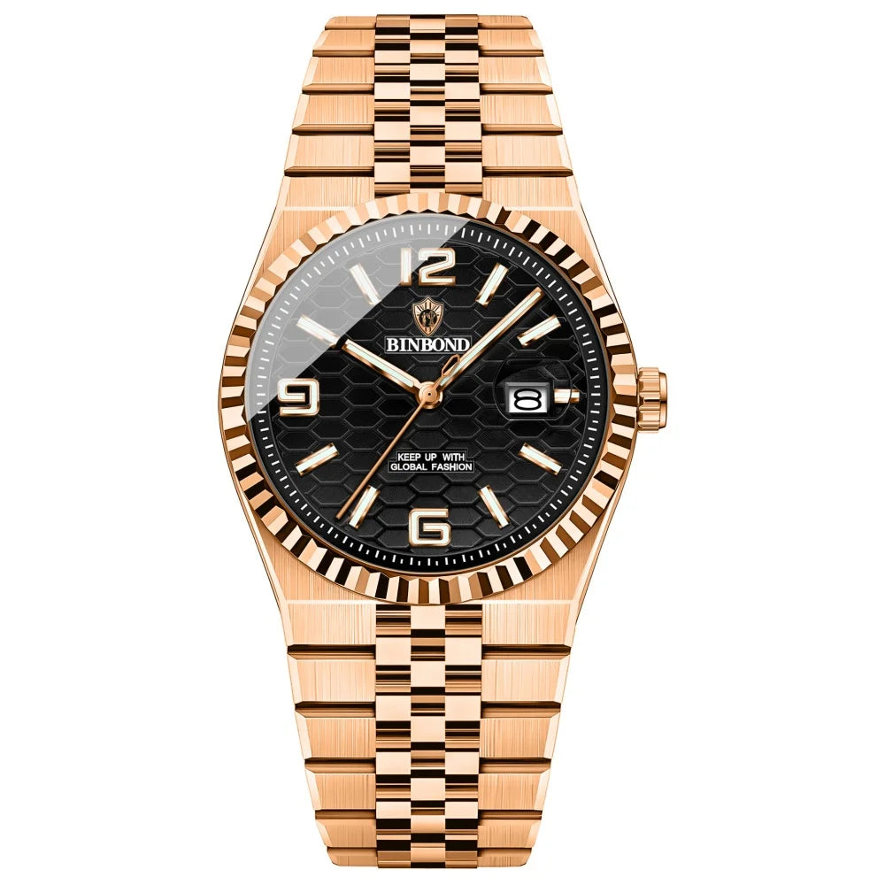 BINBOND Men's Quartz Watch Classic Style Waterproof Luminous Date Display Stainless Steel Wristwatch For Male