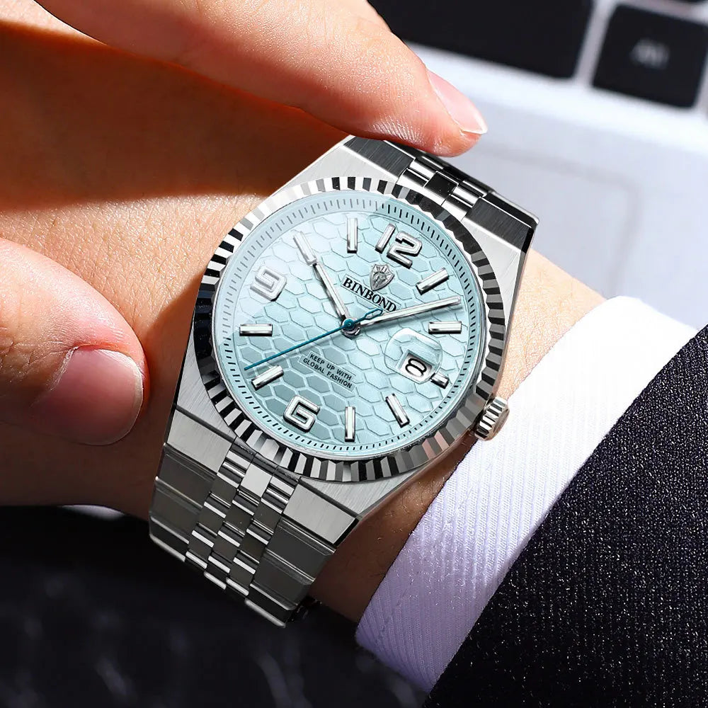 BINBOND Men's Quartz Watch Classic Style Waterproof Luminous Date Display Stainless Steel Wristwatch For Male